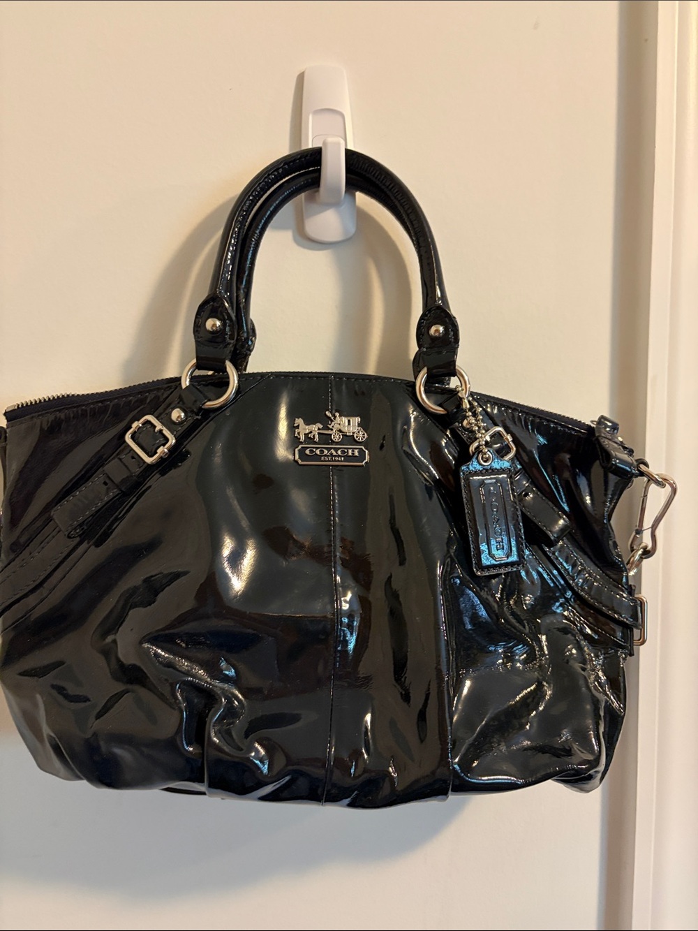 Coach Black Patent Leather Satchel with Signature Plaque